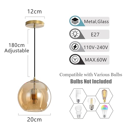 Modern Amber Glass Globe Pendant Light with Gold Socket