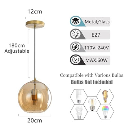 Modern Amber Glass Globe Pendant Light with Gold Socket