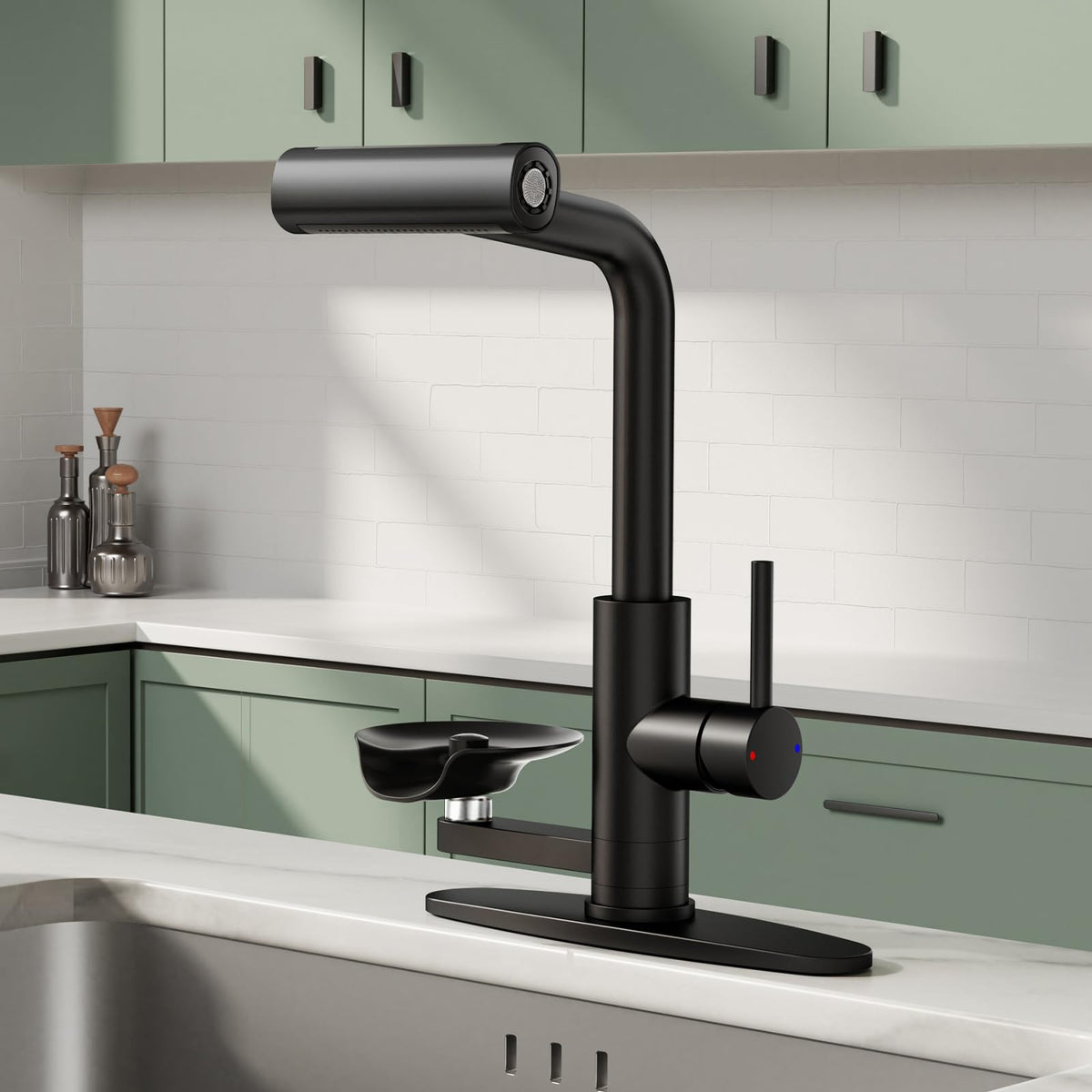 Waterfall Kitchen Faucet with Pull Down Sprayer & Cup Washer (Black)