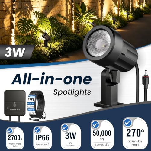All-in-One Low Voltage Landscape Lighting Kit, Outdoor Lights with Transformer and Wire, LED Spotlight 2700K Dusk to Dawn, IP66 Waterproof Landscape Lights for Patio Garden Yard House