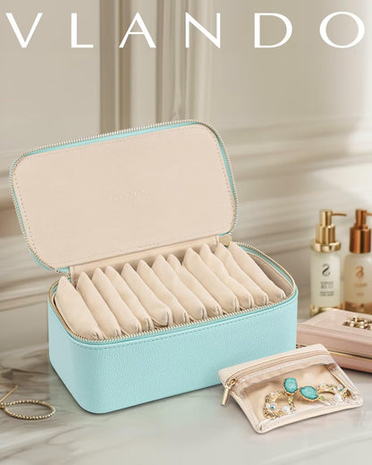 Travel Jewelry Box with 12 Clear Velvet Zipper Pouches (D.12 PCS Lake Blue)
