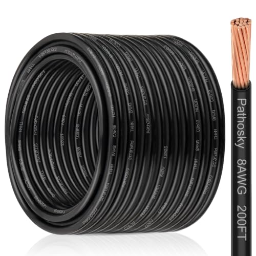 THHN Wire 8 Gauge 200FT Stranded OFC Copper Wire with Nylon Coating & PVC Insulation (Black / 8AWG 200FT)