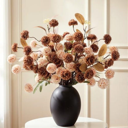 16 PCS Silk Mums Artificial Fall Flowers with Eucalyptus for Vase (Beige Brown)