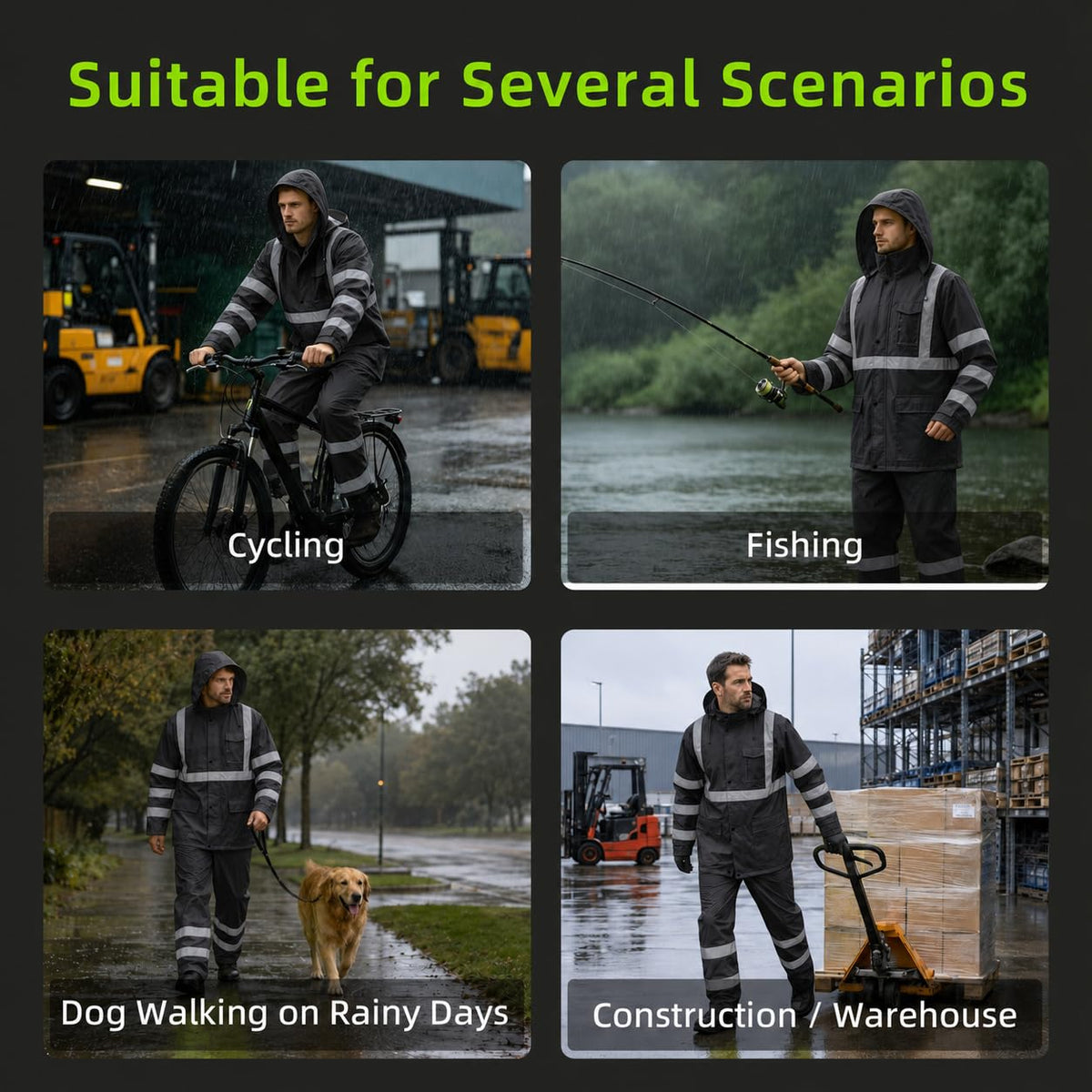 High Vis Safety Rain Jackets and Pants for Men Women (Black / Large)