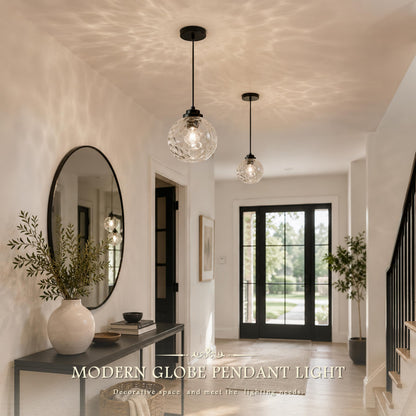 8" Modern Pendant Lights Kitchen Island Black Mid Century Modern Pendant Light Fixtures with Clear Glass Globe Modern Hanging Pendant Light for Bathroom Dining Room （Bulb Incl.） (Black & Hammered Glass / 8 Inch)