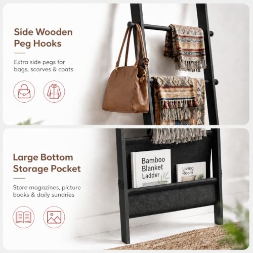 71" 4-in-1 Blanket Ladder for Living Room, 5-Tier Leaning Bamboo Decorative Towel & Quilt Rack with Magazine Leather Pocket