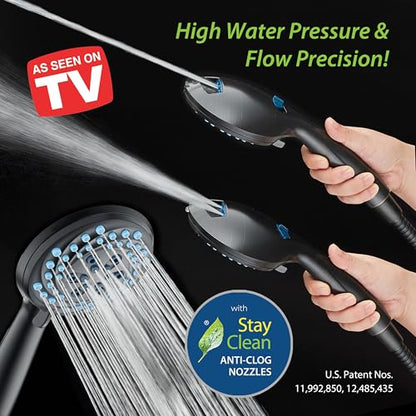 Seen-On-TV High Pressure 8-mode Handheld Shower Head - 2-mode Power Wash to Clean Tub, Tile & Pets, Stay-Clean Nozzles, Extra Long 6 ft. Stainless Steel Hose, Wall & Overhead Brackets