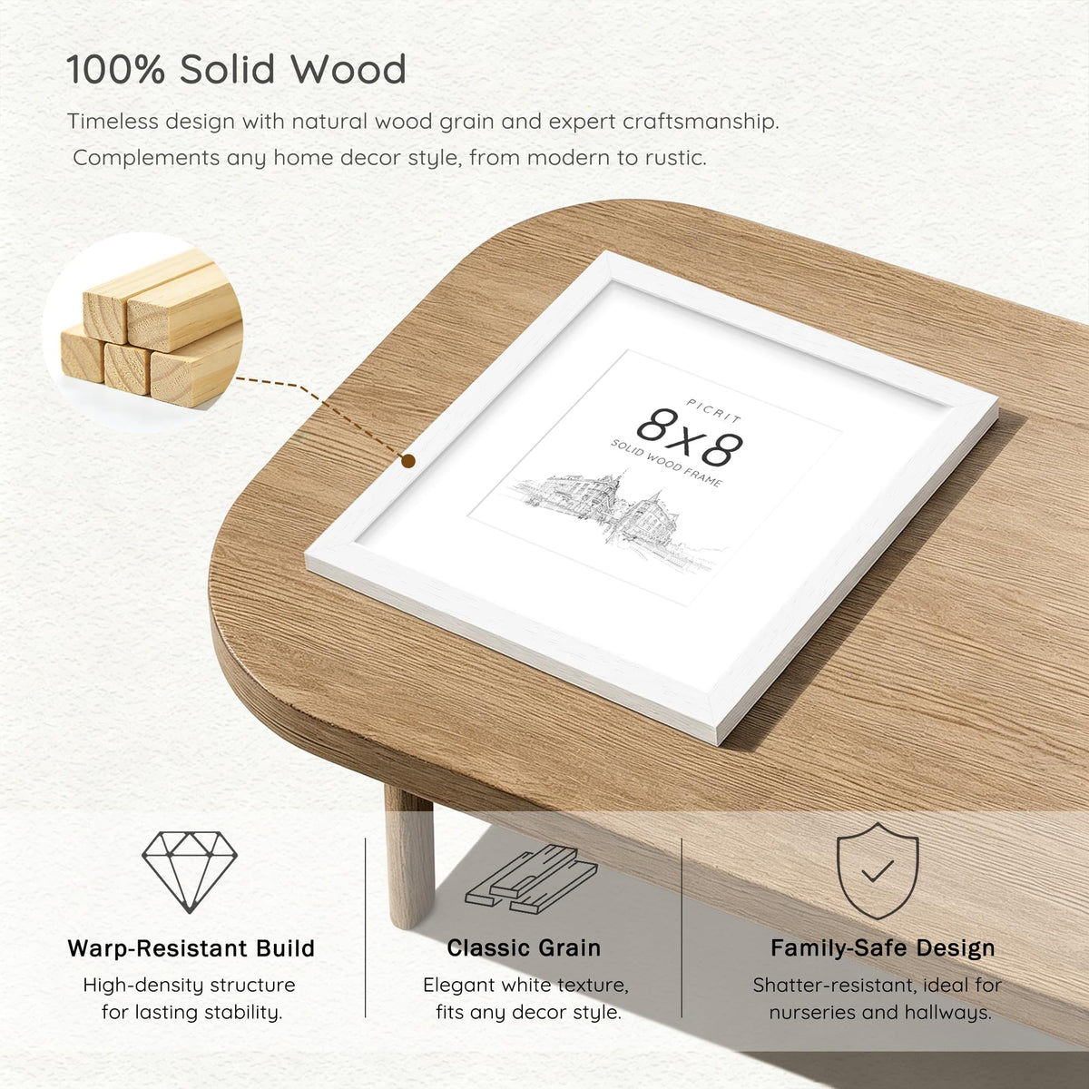 8x8 Solid Wood Frame Set of 12 (White Wood Grain / 8x8)