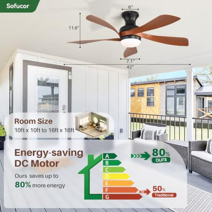 42 Inch Smart Ceiling Fans with Lights and Remote (Black+Brown / 42inch Max)
