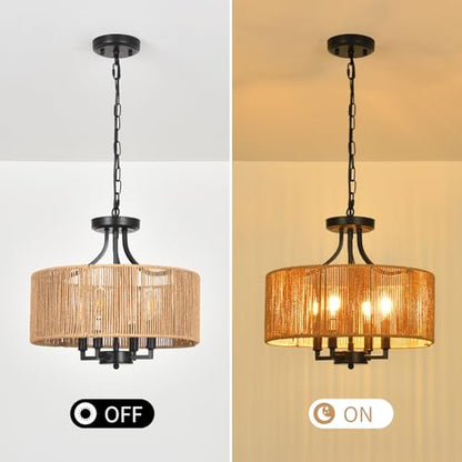2-in-1 Convertible Rattan Boho Chandelier Pendant Light Fixture for Dining Room Bedroom Living Room