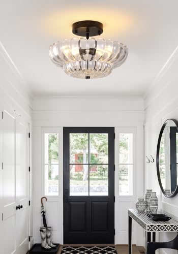 Vintage Black Close to Ceiling Light Fixture with Glass Shade