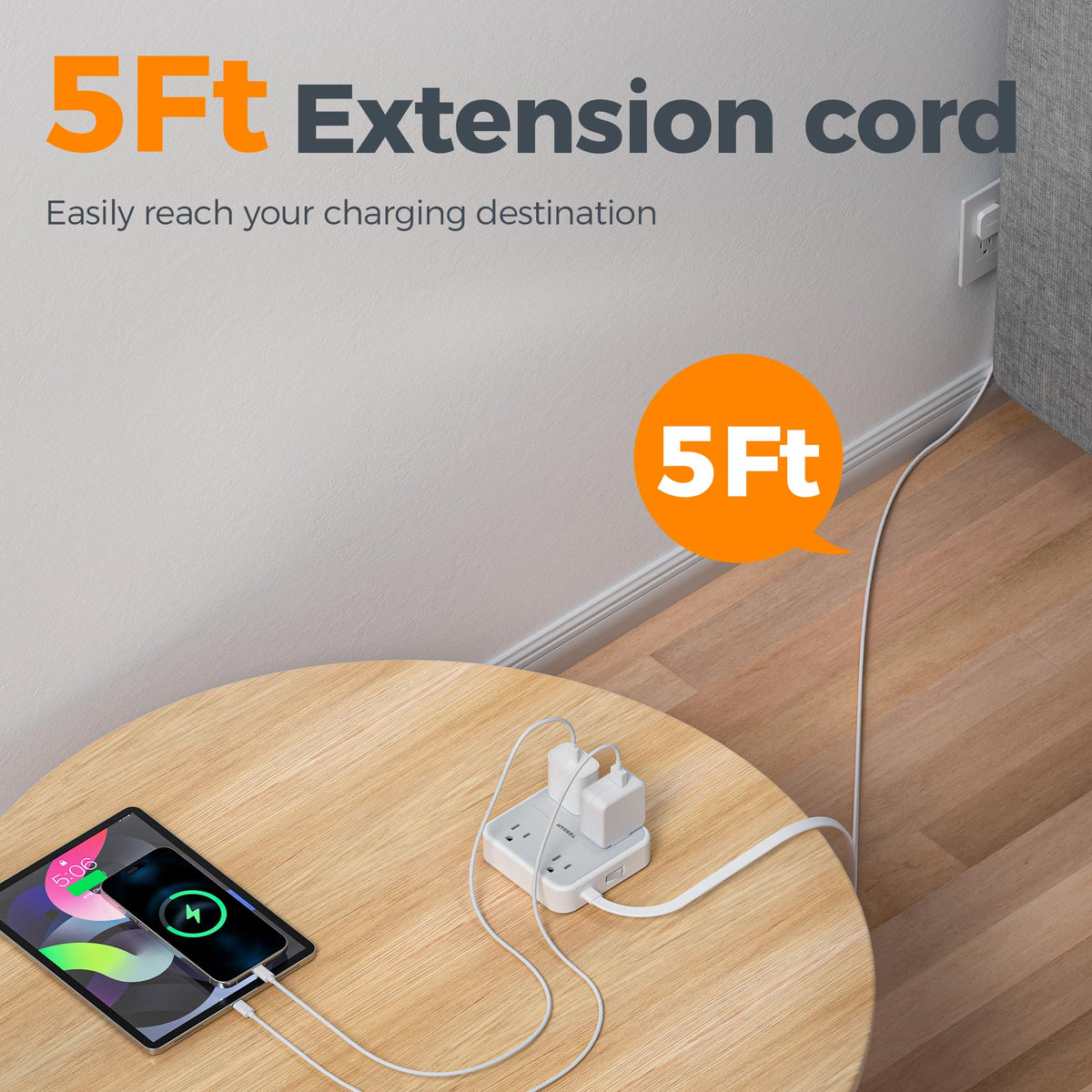 Extension Cord 5 Ft (5FT(1875W) / Grey & Surge Protector)