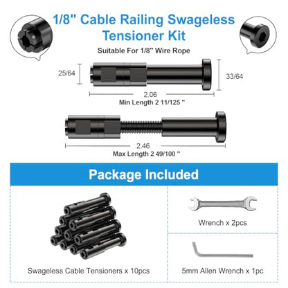 1 8" Cable Railing Kit Hardware Swageless Invisible Cable Railing Tensioner for 2"x2" Wood Post & Metal Post T316 Steel Stainless Deck Cable Railing System