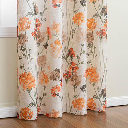 Orange Semi Sheer Floral Curtains Linen Printed Drapes (Orange / 52"W x 63"L (Pack of 2))