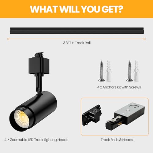 6-Light 5-Color Zoomable LED Track Lighting Kit with 6.6FT H Type Track Lighting Rail Black