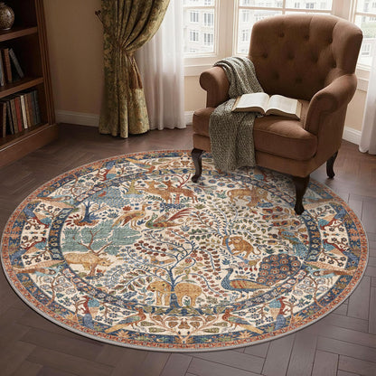 4ft Round Rug Circular Animal Print Area Rug Low Pile Indoor Rug (Beige / 4' (Round))