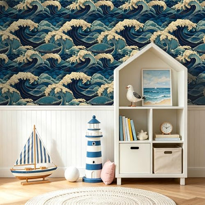 Vintage Coastal Wave Peel and Stick Wallpaper Navy Blue Cream Seamless Ocean Oriental Removable Waterproof Contact Paper for Accent Wall Bathroom Bedroom Nursery Kids Room Home Décor