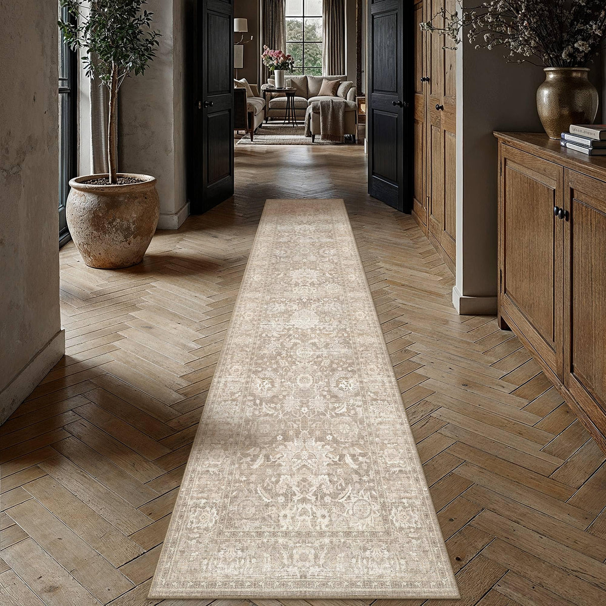 Hallway Runner Rugs 2x12 Beige Vintage Rug (Retro | Beige / 2' x 12' (Runner))