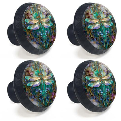 4 Pack Stained Glass Dragonfly Cabinet Knobs for Kitchen Bathroom
