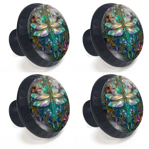 4 Pack Stained Glass Dragonfly Cabinet Knobs for Kitchen Bathroom