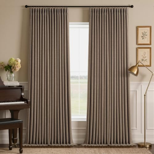 Dark Flax 90 Inch Pinch Pleat Blackout Linen Curtains for Bedroom Living Room 2 Panels Memory Trained 100% Black Out Soundproof Room Darkening 50x90 Inch Window Curtains Double Layer Pleated Drapes (Dark Flax / 50"W x 90"L (Pack of 2))