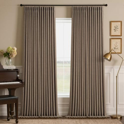 Dark Flax 90 Inch Pinch Pleat Blackout Linen Curtains for Bedroom Living Room 2 Panels Memory Trained 100% Black Out Soundproof Room Darkening 50x90 Inch Window Curtains Double Layer Pleated Drapes (Dark Flax / 50"W x 90"L (Pack of 2))