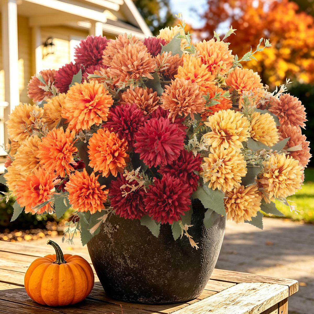 Artificial Mums Flowers for Outdoors Outside Decorations (3 Orange,3 Burnt Orange,3 Red,3 Yellow / 12PCS)