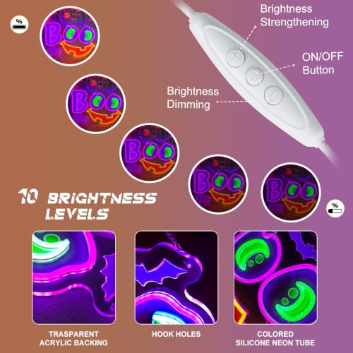 Halloween Neon Sign Dimmable Boo Spooky Smile Led Neon Signs for Wall Decor (Multicolor-BOO b)