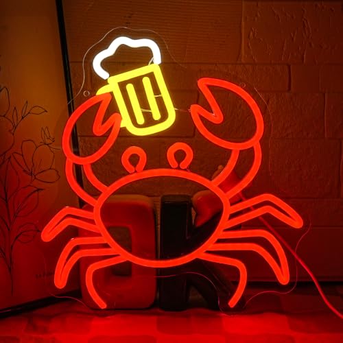 Crab Beer Neon Sign for Wall Decor Drinking Neon Light Bar Led Sign Red Seafood Neon Light Sign for Bar Seafood Market Coastal Beach Themed Restaurant (Red Beer Crab)