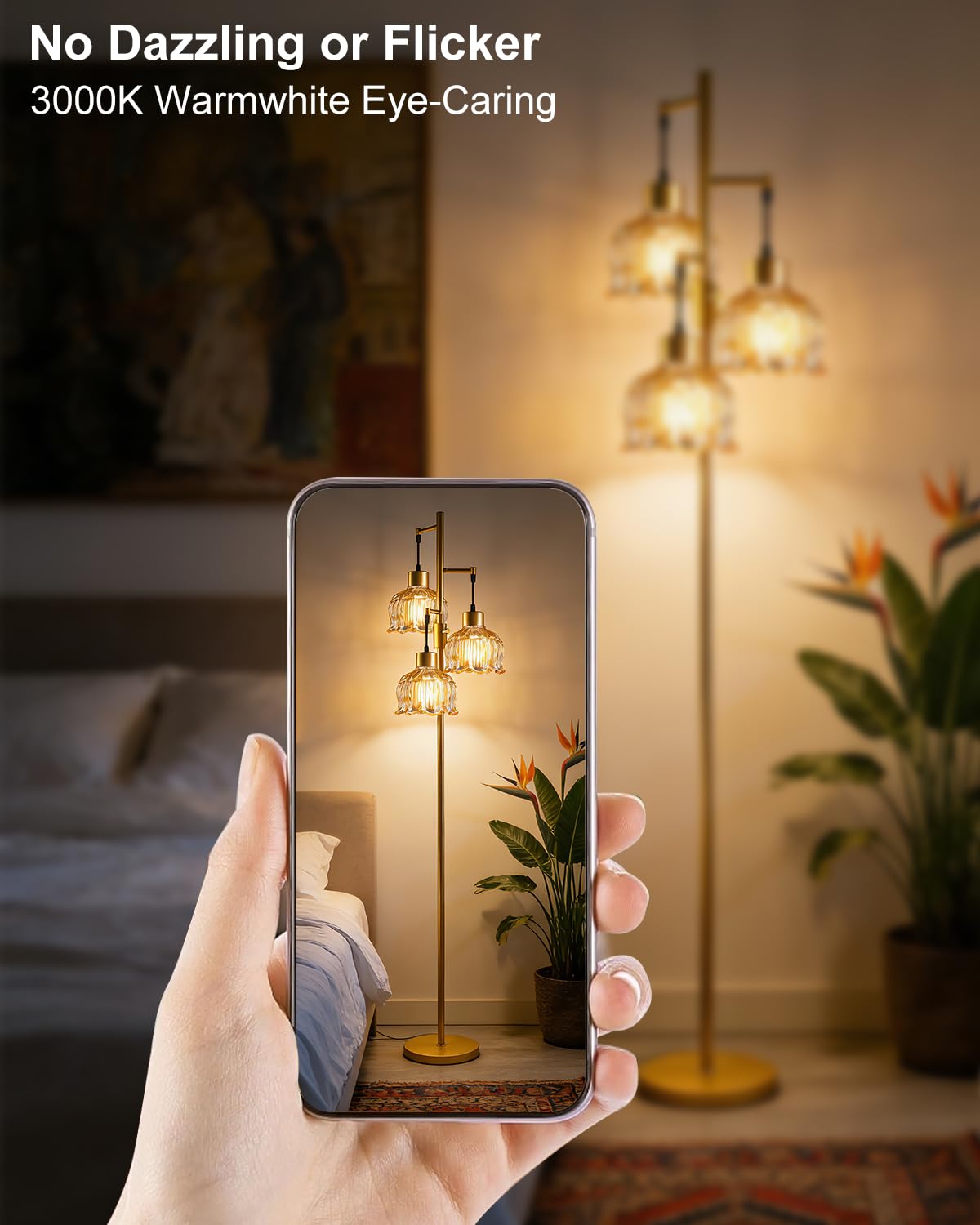 Amber Glass Floor Lamp Dimmable with LED Bulbs & Flower Shade (Amber-86I)