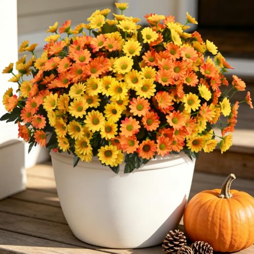 12 Bundles Fake Dasiy Artificial Mums Flowers for Outdoors Decoration (Yellow and Orange)