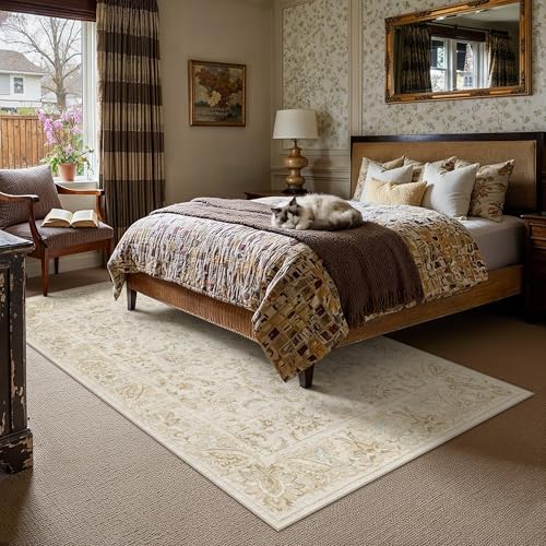 9x12 Beige Washable Area Rug Non Slip Retro Distressed Carpet (Distressed | Beige / 9' x 12' (Rectangular))
