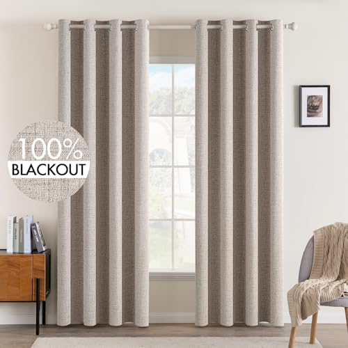 100% Blackout Linen Curtains for Bedroom 52x84 Inches Natural Khaki (Khaki / 52"W x 84"L (Pack of 2))