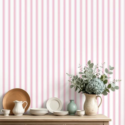 Pink and White Striped Peel and Stick Wallpaper Striped Pink Stripes Modern Contact Paper for Cabinets Bedroom Bathroom Accent Wall Decor