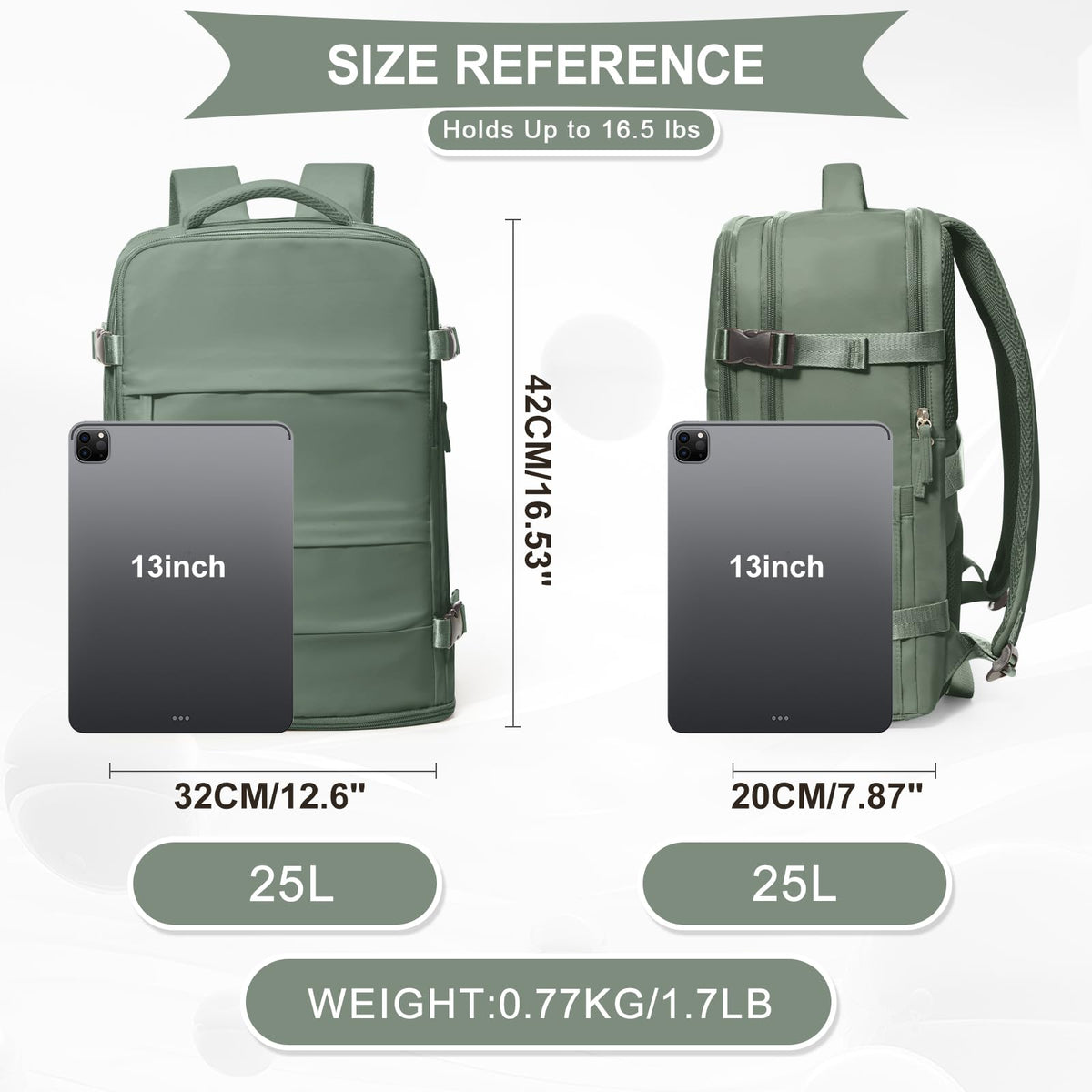 Travel Backpack For Women Men (Olive Green / 25 liters)