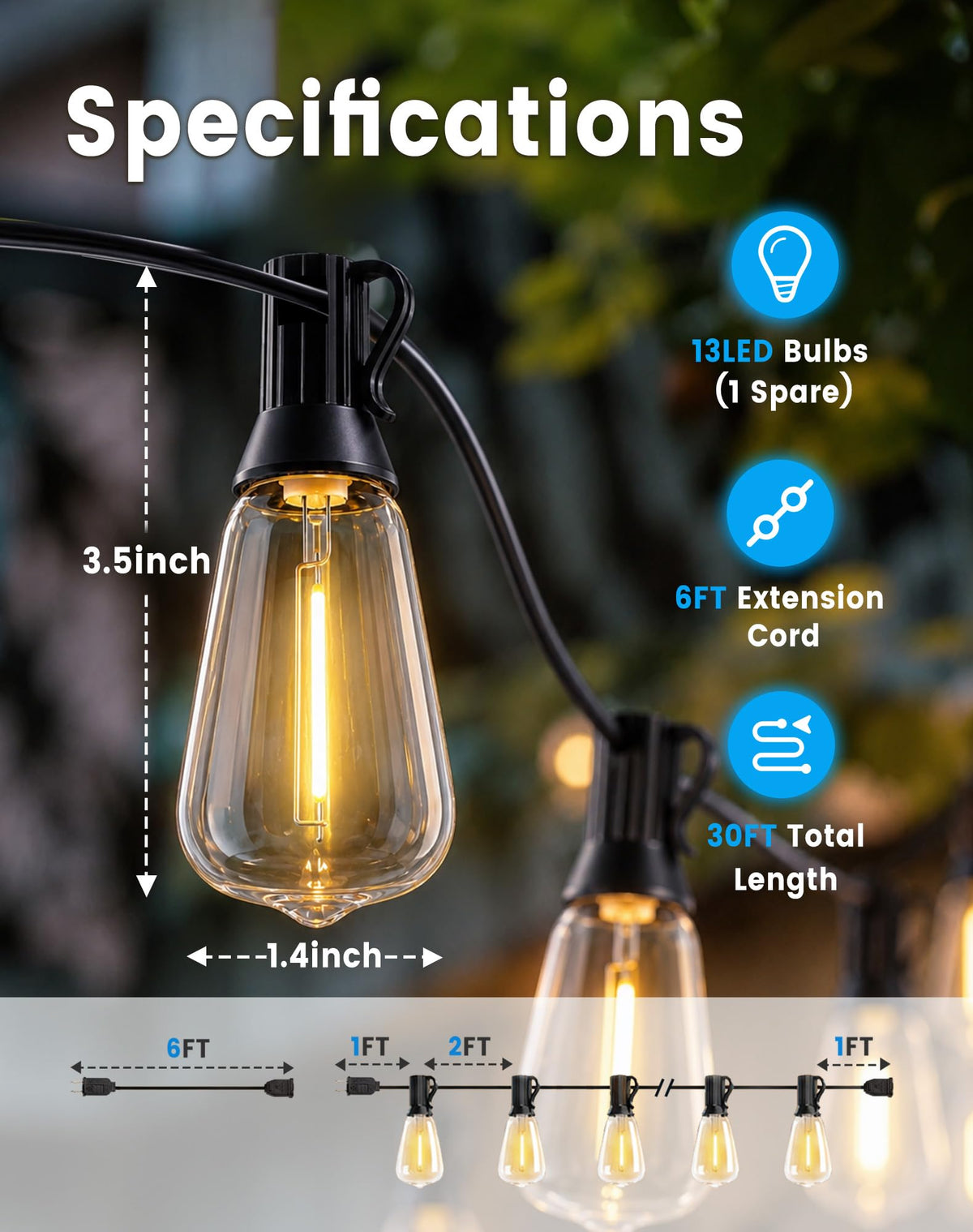 30FT(24+6) String Lights Outdoor, 2FT Bulb Spacing, Waterproof Shatterproof Warm White ST38 LED Edison Bulbs, Extension Cord, Plug in Connectable Hanging Patio Lights for Outside, Backyard (24+6FT(12 Sockets))