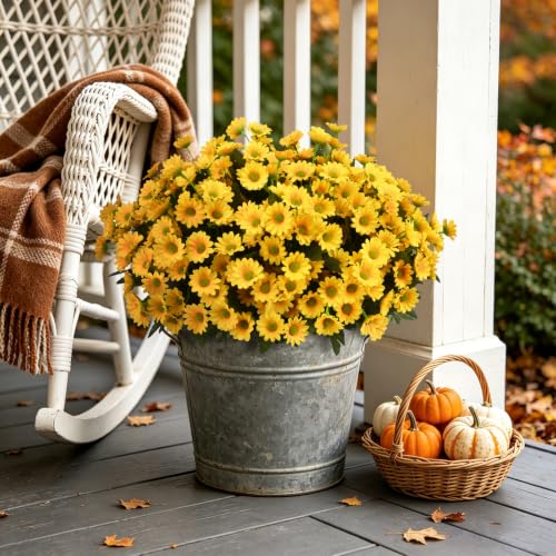12 Bundles Fake Dasiy Artificial Mums Flowers for Outdoors Decoration (Yellow)