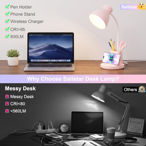 10W Wireless Charging LED Desk Lamp with Pen Holder (Pink)