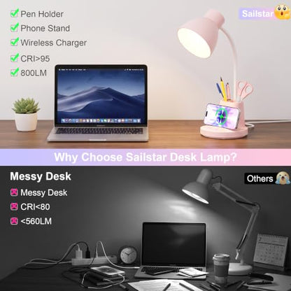 10W Wireless Charging LED Desk Lamp with Pen Holder (Pink)
