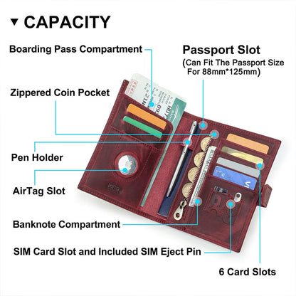 Full Grain Leather Passport Holder Compatible with Airtag Passport Wallet RFID Blocking Travel Passport Cover with SIM Card Removal Tool (Wine Red / Plain- Snap)