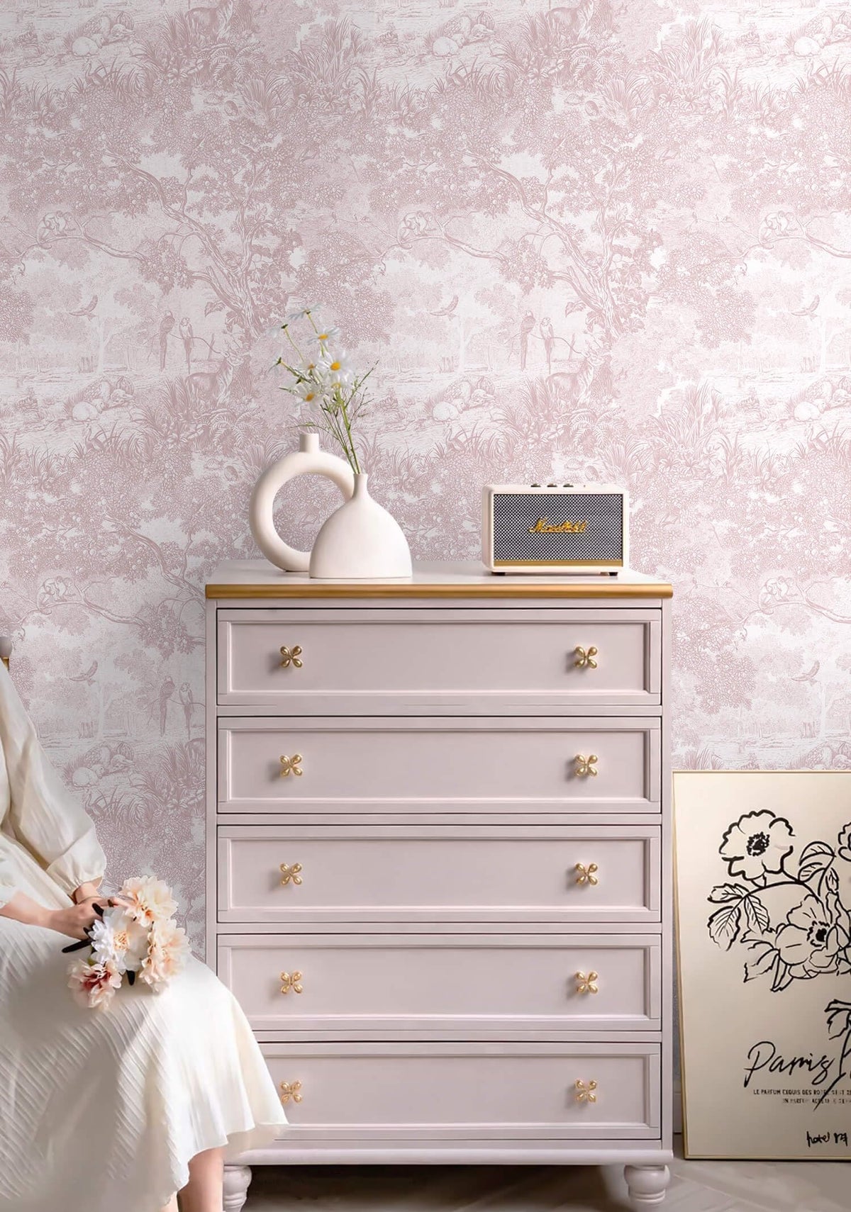 Peel and Stick Wallpaper Pink and White Vintage Forest Animals Floral Wallpaper Removable Self (Soft Pink / 17.3" x 78.7")