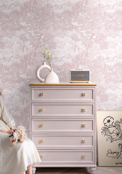Peel and Stick Wallpaper Pink and White Vintage Forest Animals Floral Wallpaper Removable Self (Soft Pink / 17.3" x 78.7")