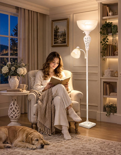 Torchiere Floor Lamp with Adjustable Reading Light for Living Room Corner (Washed White)
