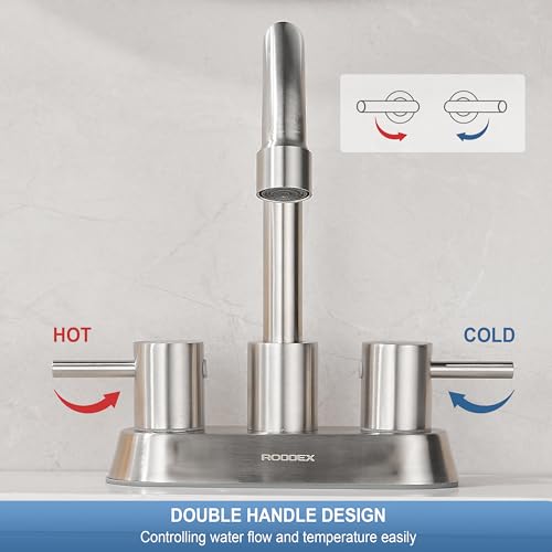 Bathroom Sink Faucet 4 Inch Two Handle Centerset Vanity Faucet Stainless Steel Touch On Faucets with Two Water Supply Lines for Bathroom Sink Vanity RV
