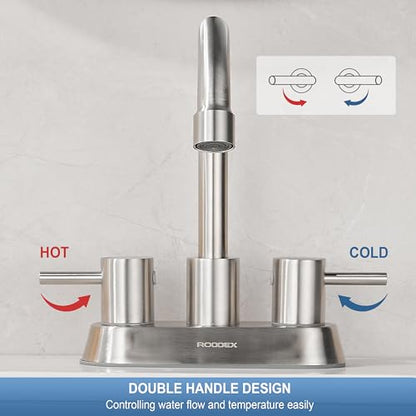 Bathroom Sink Faucet 4 Inch Two Handle Centerset Vanity Faucet Stainless Steel Touch On Faucets with Two Water Supply Lines for Bathroom Sink Vanity RV