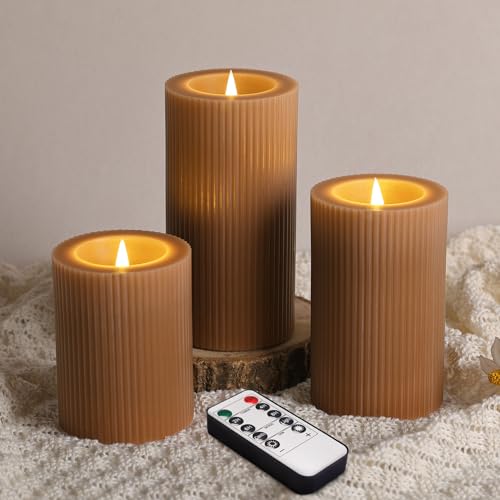 Ribbed Moving Flame Flameless Pillar Candles with Remote Set of 3