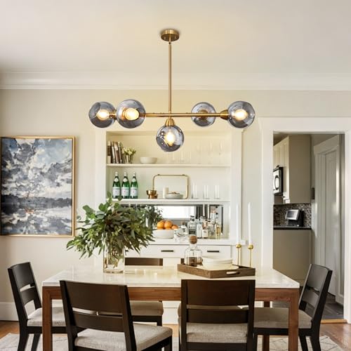 Linear Chandelier for Dining Room with Open Glass Globe Lampshade 13Lights Linear Chandelier Pendant Light