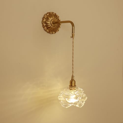 French Retro Floral Glass Wall Sconce with Pull Cord