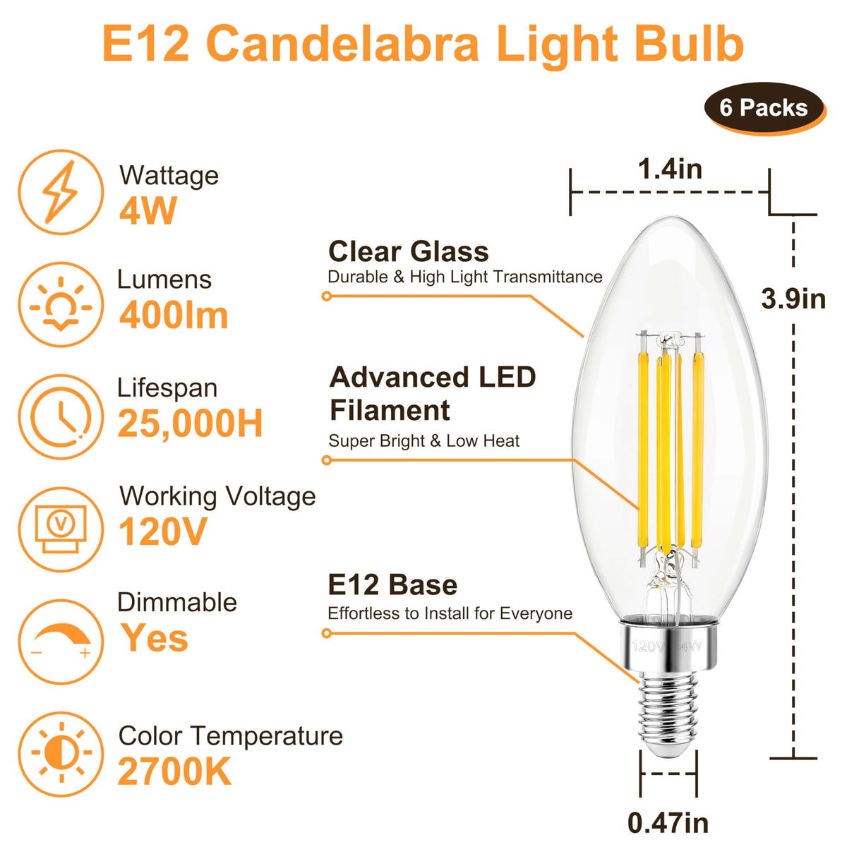 E12 Candelabra Bulb 40 Watt Dimmable Clear Chandelier Light Bulb (Clear-4w-6 Pack)
