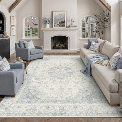 8x10 Blue Washable Area Rug Non Slip Vintage Carpet (Vintage | Blue / 8' x 10' (Rectangular))
